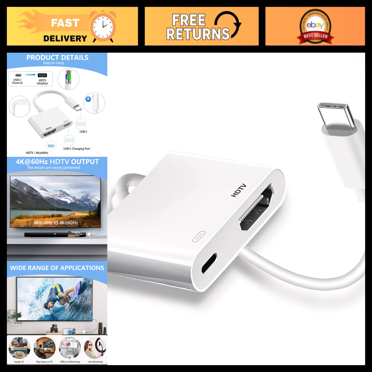 USB C to HDMI Adapter 4K@60Hz with Charging Port, Compatible with iPhone/iPad/Ma