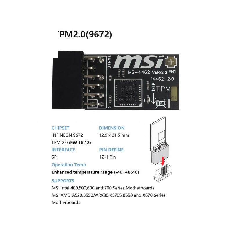 1PC NEW MSI MS-4462 TPM Module (12 Pin 12-1) SPI TPM 2.0 9672 Trusted Platform