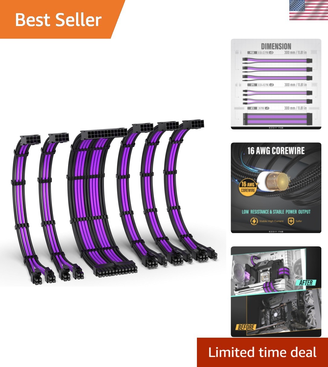 16AWG PSU Extension Kit, 300MM, 24-Pin/2xEPS/3xPCIe, Black Purple