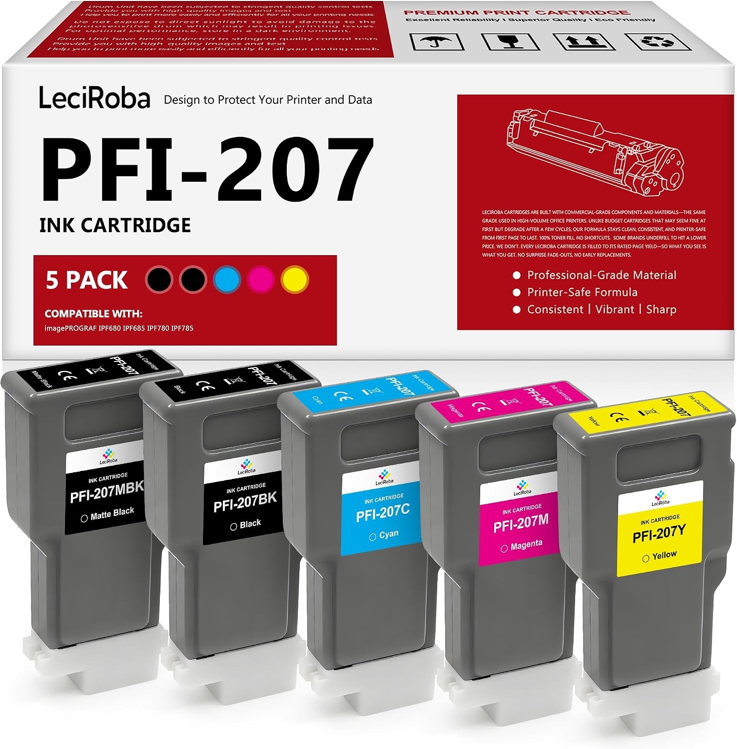 Compatible w/ Canon PFI-207 300ML Ink 5-Pack MBK/BK/C/M/Y IPF680 685 780 785