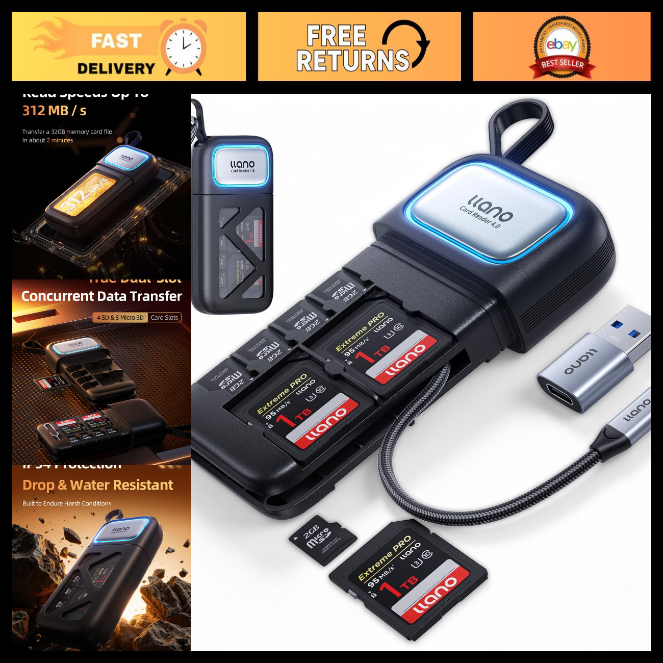 High-Speed SD/Micro SD Card Reader Holder Case, USB 3.2 Gen 1, Compact & Durable