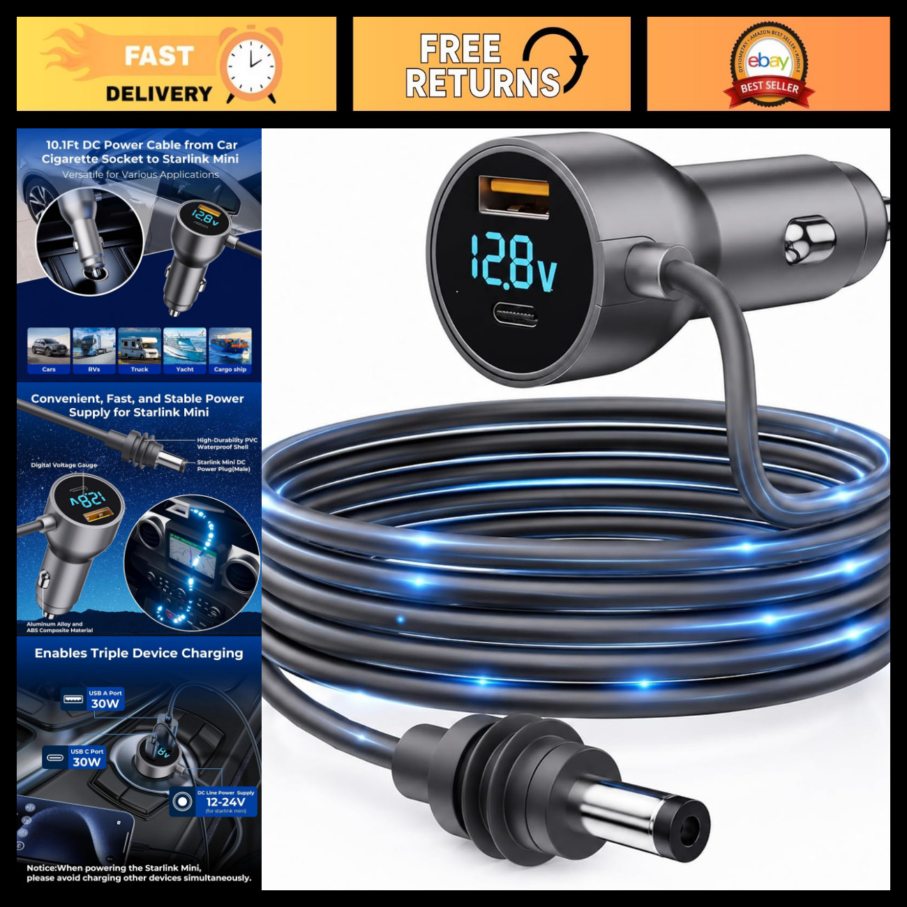 3-in-1 Car Power Adapter, 12V-48V DC Charger, USB-A & PD 30W for RVs, Boats, Tru