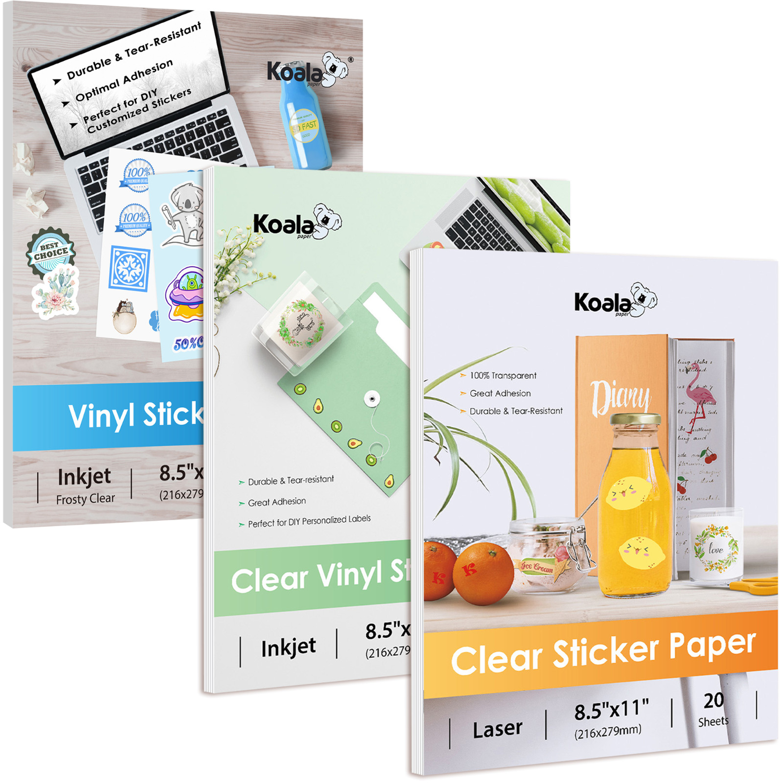 Lot 15-100 Pk Koala Waterproof Clear Sticker Paper for Inkjet or Laser Printers