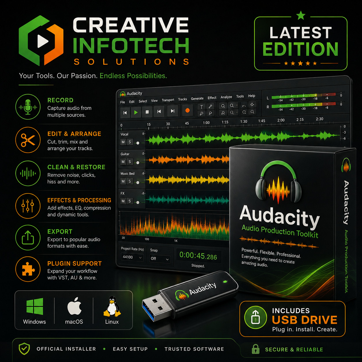 🎧 Audacity Pro 2027 Audio Music Editing Rec Software, USB/DVD Windows Mac Linux