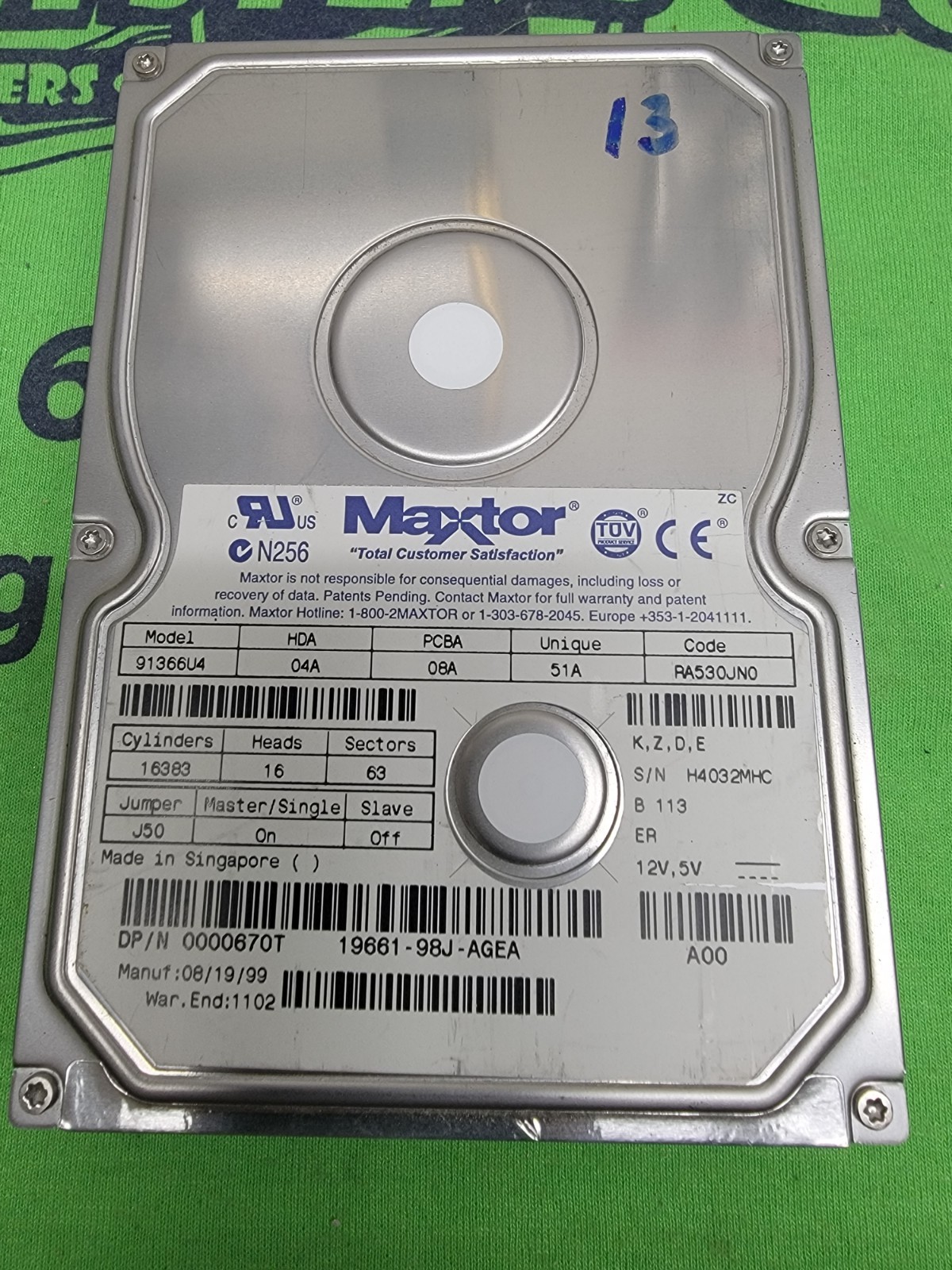 Maxtor 13.6 GB,7200 RPM,3.5" 91366U4 Internal IDE Hard Drive HDD 