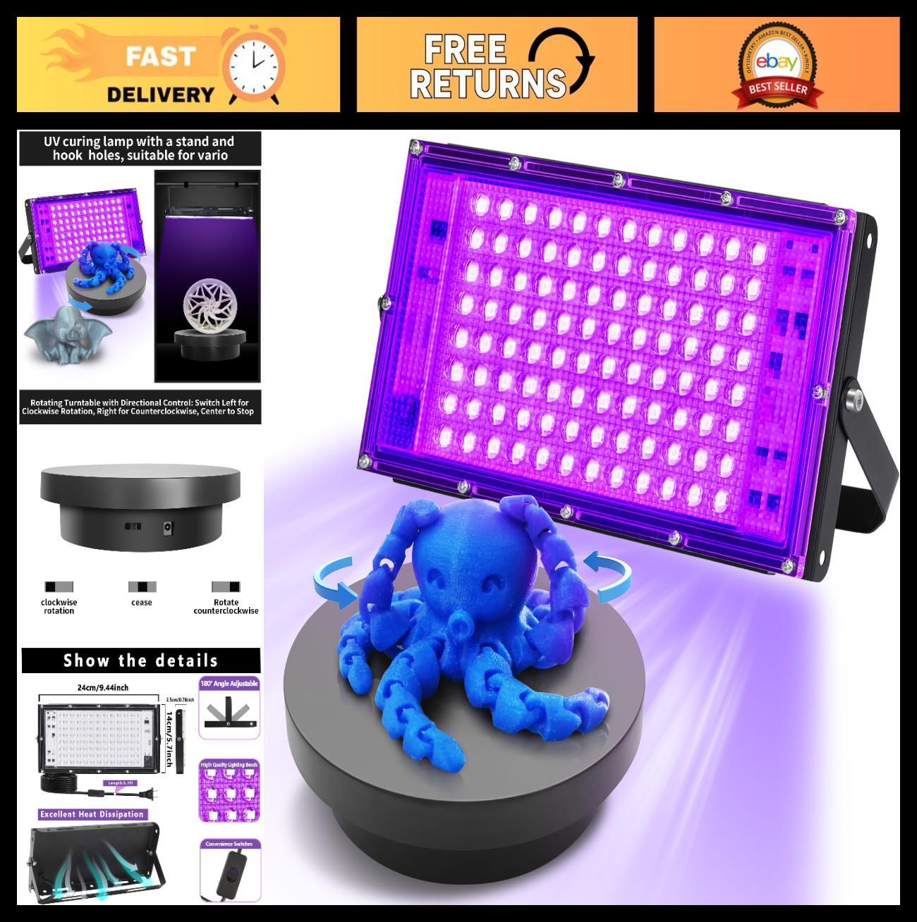 100W UV Resin Curing Light, 360° Rotating Turntable, Dual Power, 405nm Lamp for