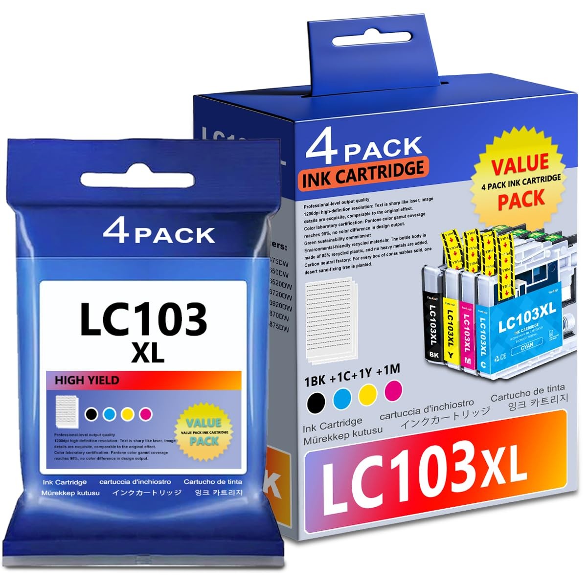 LC103XL High Yield Ink Cartridges 4-Pack (BK/C/M/Y) for Brother LC101 LC101XL...