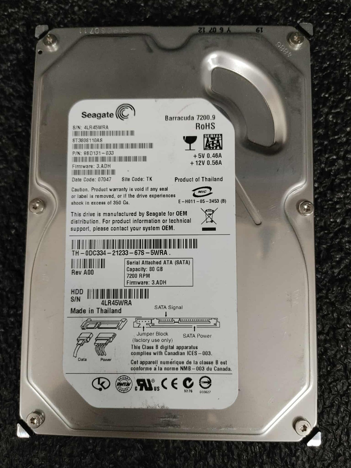 Seagate ST3808110AS 9BD131-033 80GB 7.2K RPM FW 3.ADH DC 07047 SATA 3.5" HDD