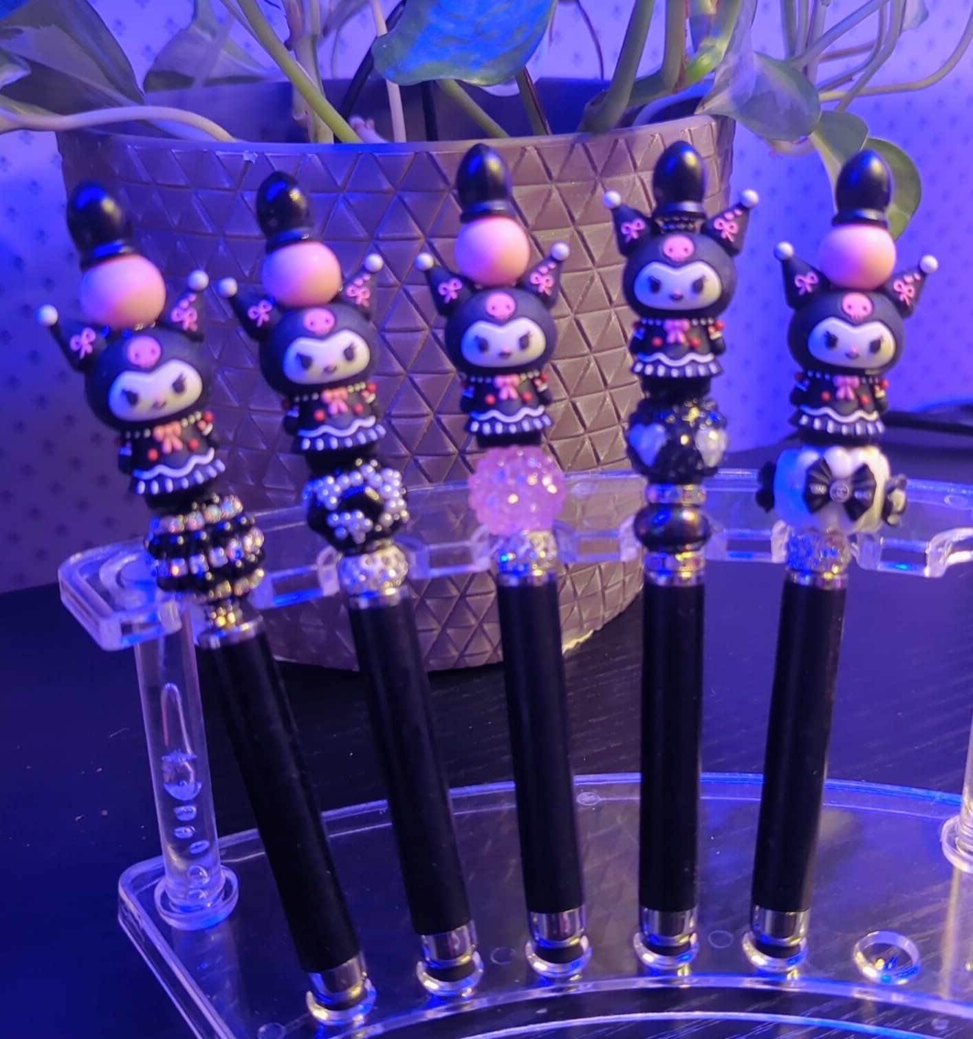 5 pack Kuromi Character Black stylus , Plastic, Rhinestone Trim Novelty