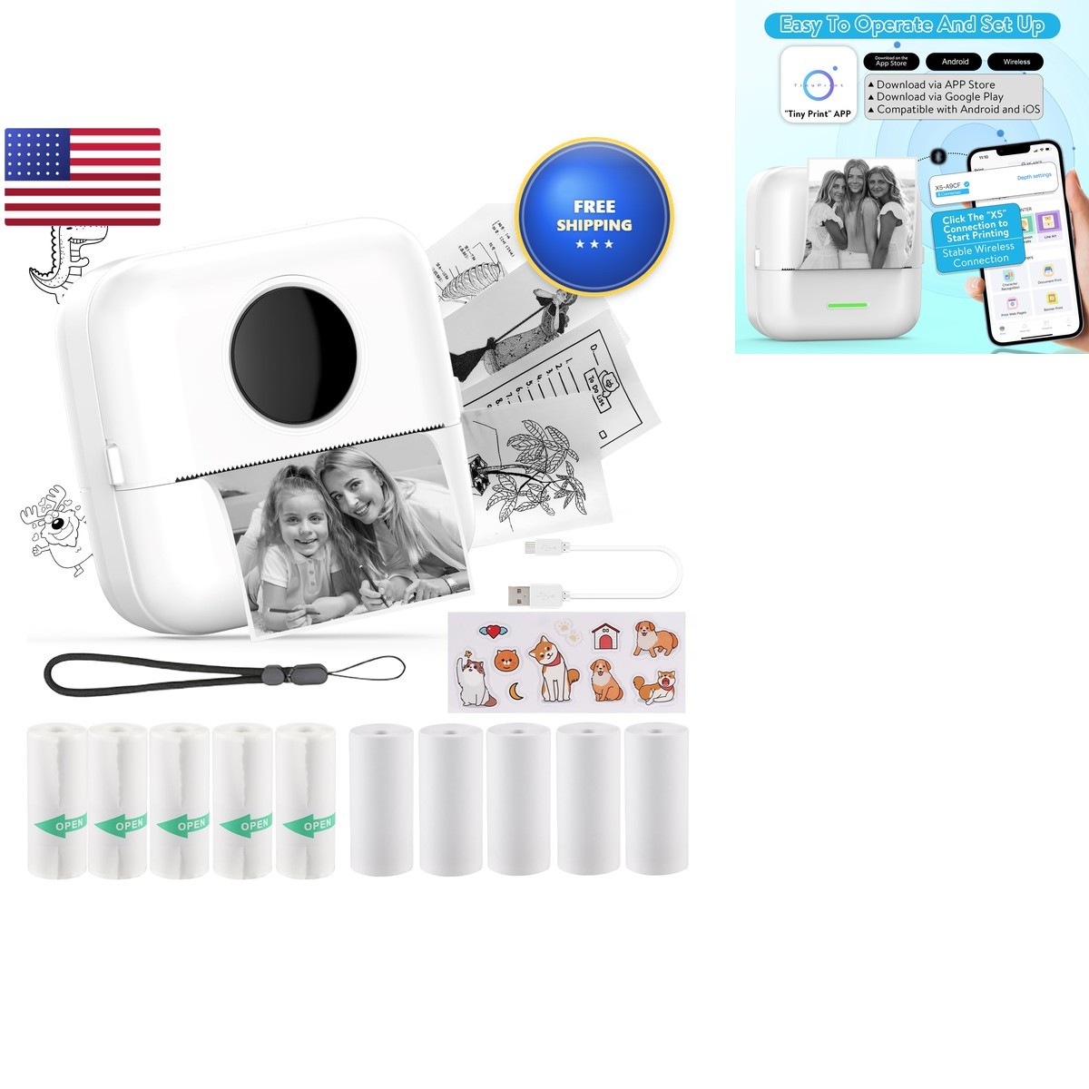 HuiJuKeJi X5 Mini Sticker Printer Bluetooth Thermal 11 Rolls Paper for iOS