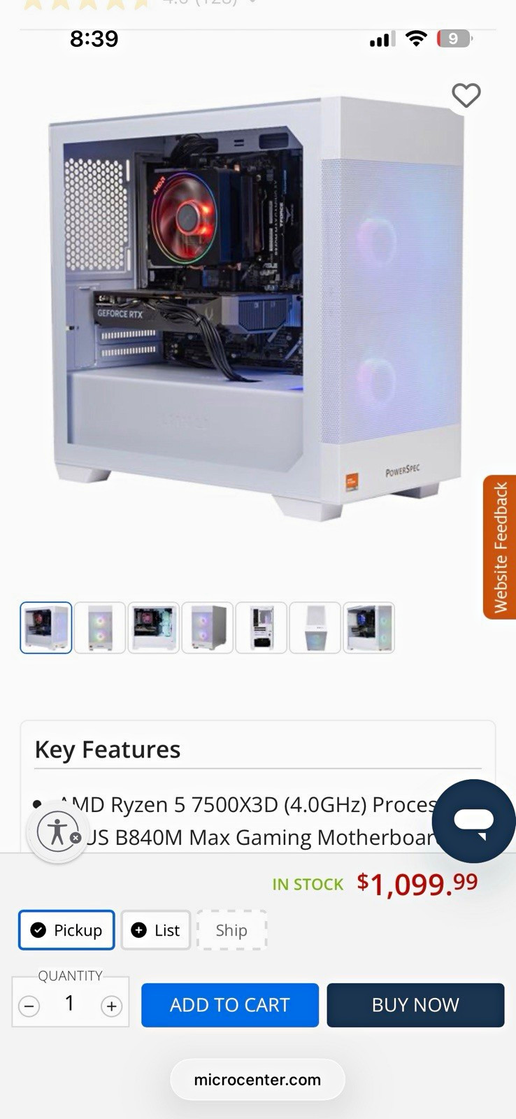 PowerSpec Gaming Desktop Ryzen 5 7500X3D 16GB 1TB SSD RTX 5060 White W11