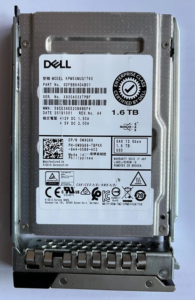  KPM5XMUG1T60 R640 W9G88 0W9G88 DELL KIOXIA 1.6TB SAS 2.5" 12Gb/s SSD R740 New
