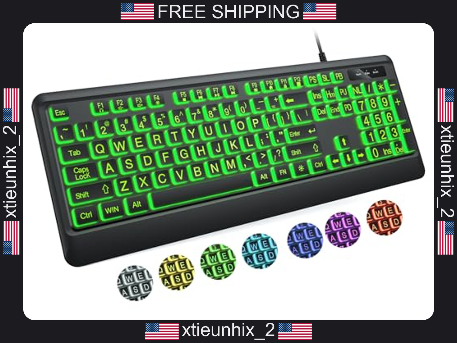 Large Print Keyboard with 7 Backlight Colors, USB Wired, Full Size for Windows