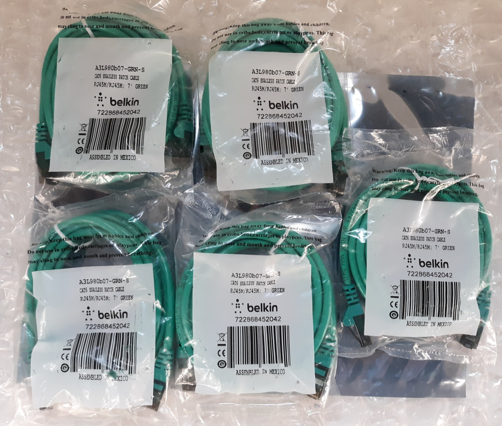Lot of 5 Belkin Cat6 Snagless Patch Cable 7" Green A3L980B07-GRN-S NEW *SEALED*