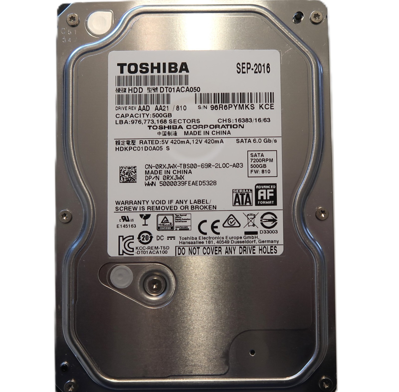Toshiba DT01ACA050 (HDKPC01D0A05 S) AAD AA21/810 3.5" China Sata HDD SEP/2016