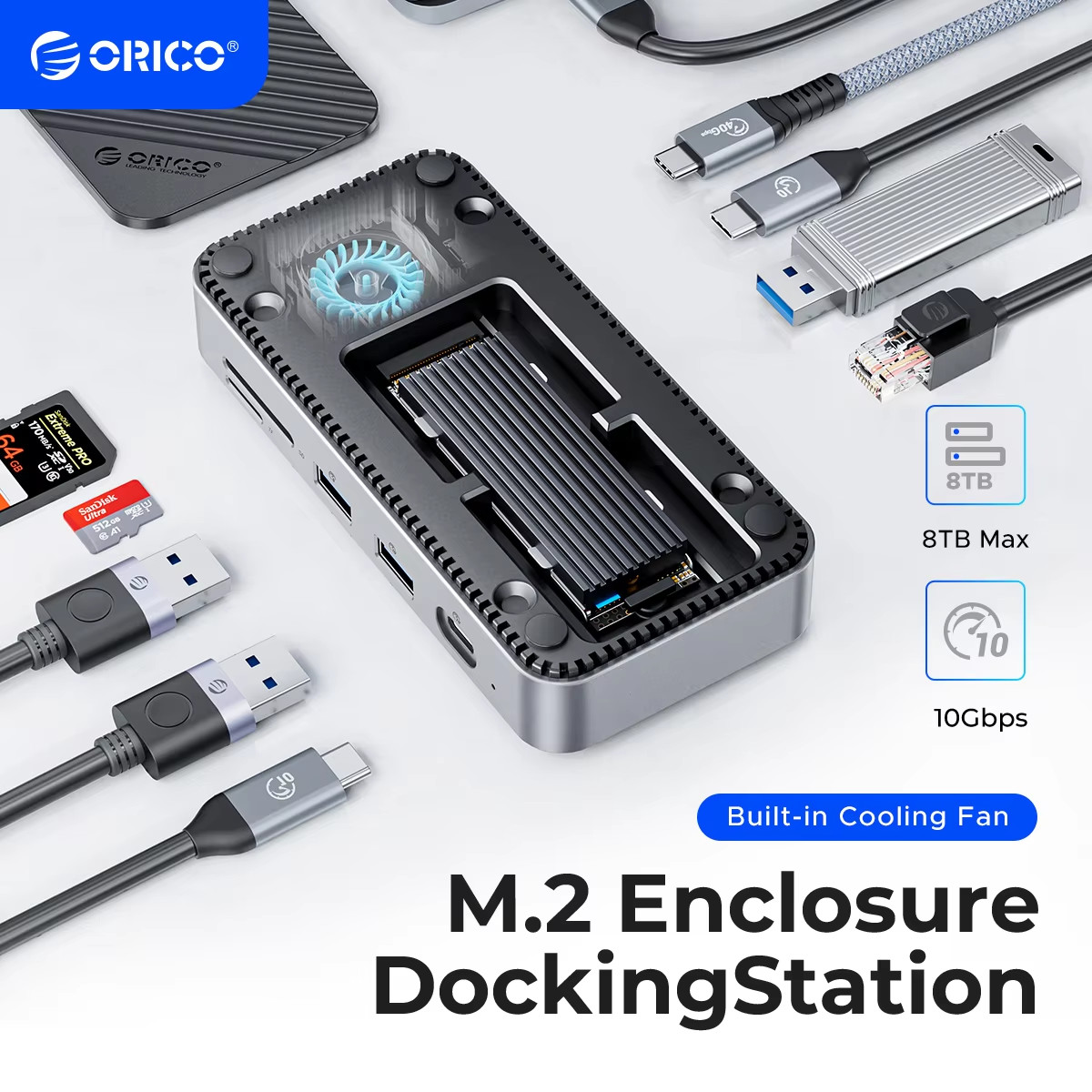 ORICO USB-C Docking Station 9in1 M.2 NVMe SATA SSD HDMI RJ45 PD 10Gbps Hub