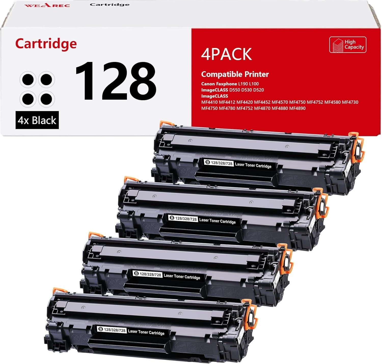 4-Packs 128 Black Wearec Toner Cartridge High Yield Replacement for CRG128 Canon