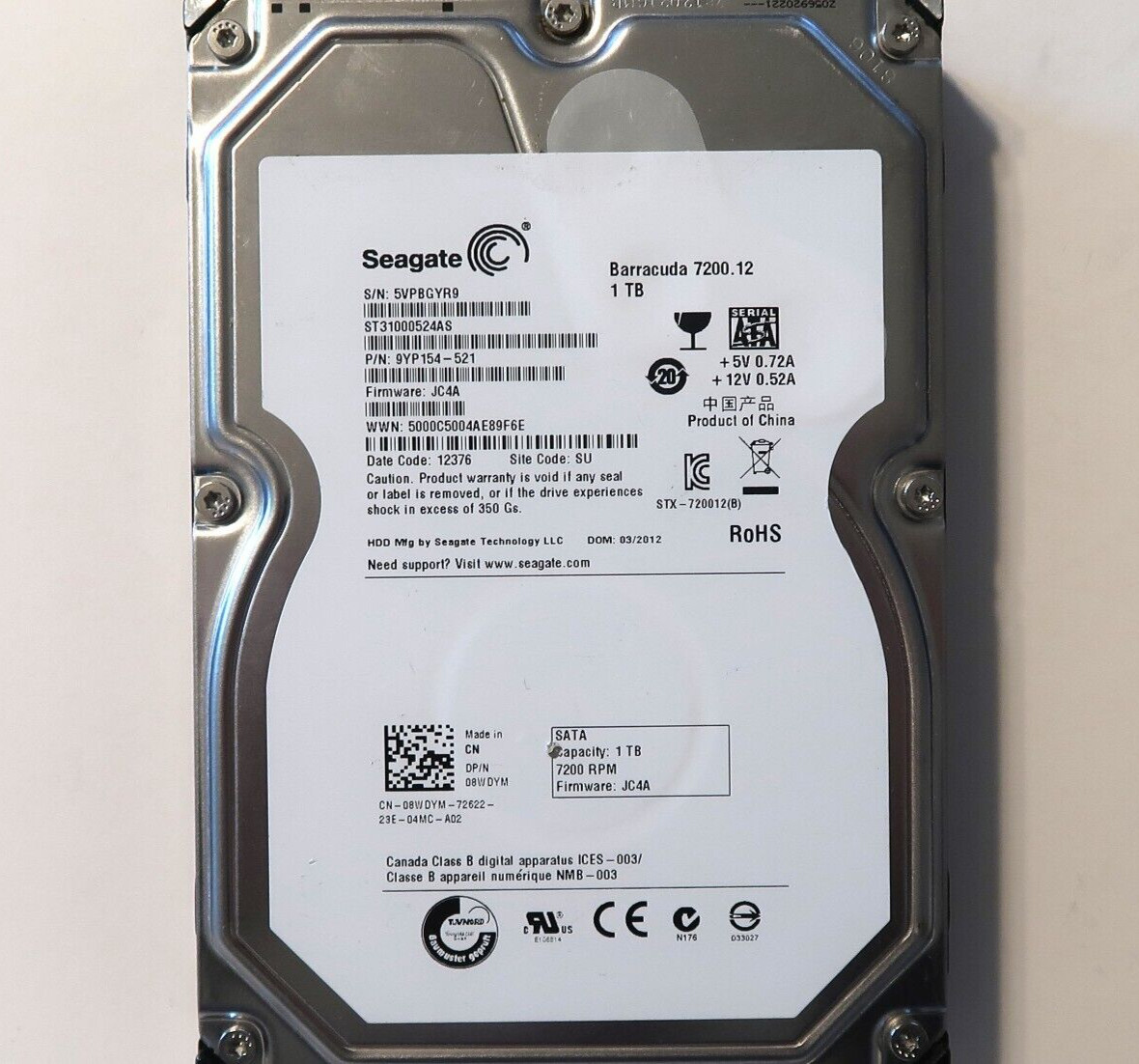 Seagate ST31000524AS 9YP154-521 JC4A SU (5VP) China 1.0TB 3.5" Sata HDD 03/2012
