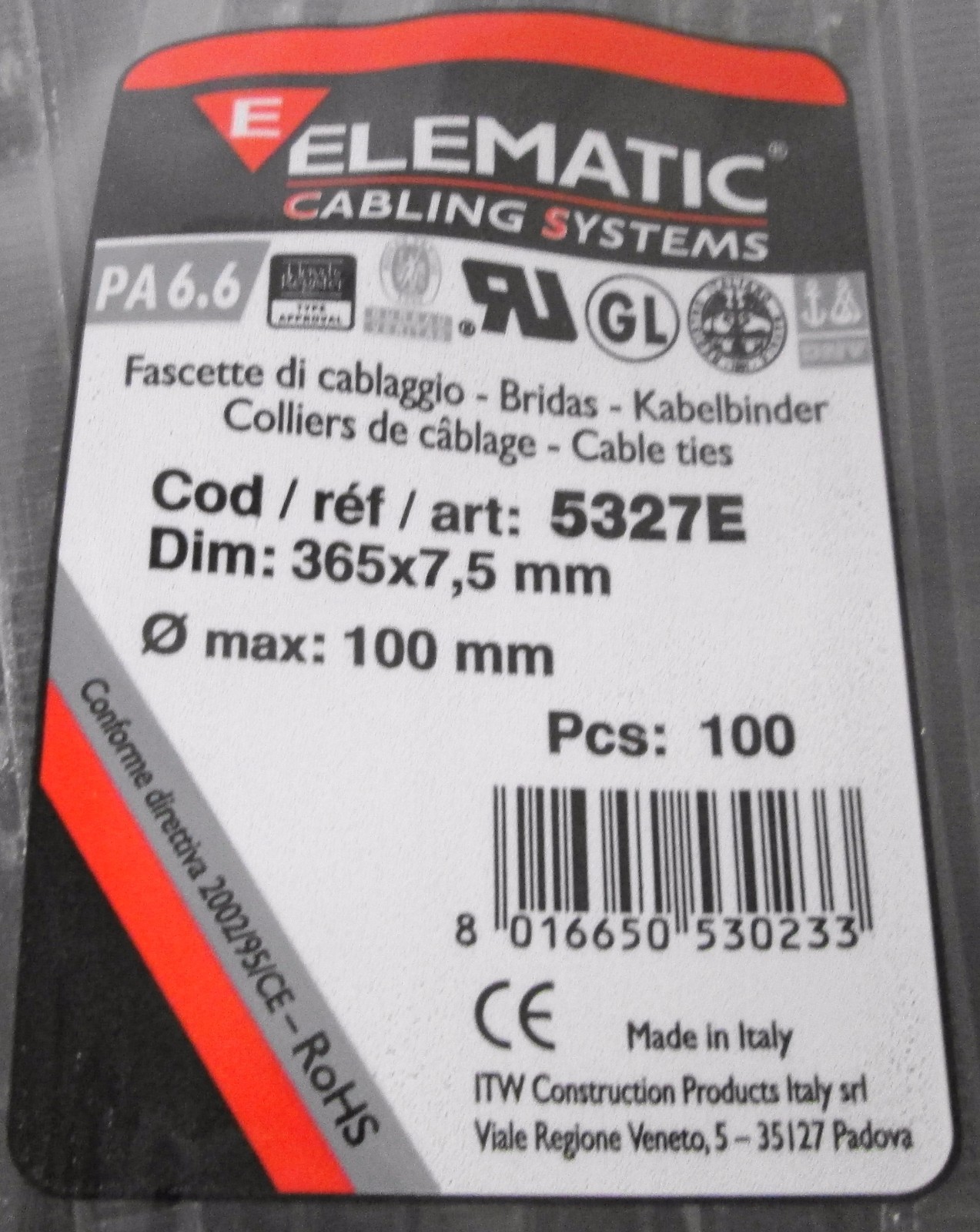 Elematic 5327E Cable Ties Dim: 365x7.5mm  0max: 100mm (4 bags of 100 ties)
