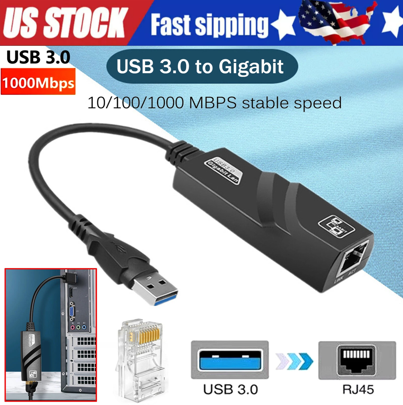 USB 3.0 Gigabit Ethernet LAN RJ45 1000Mbps Network Adapter For Windows PC Lot