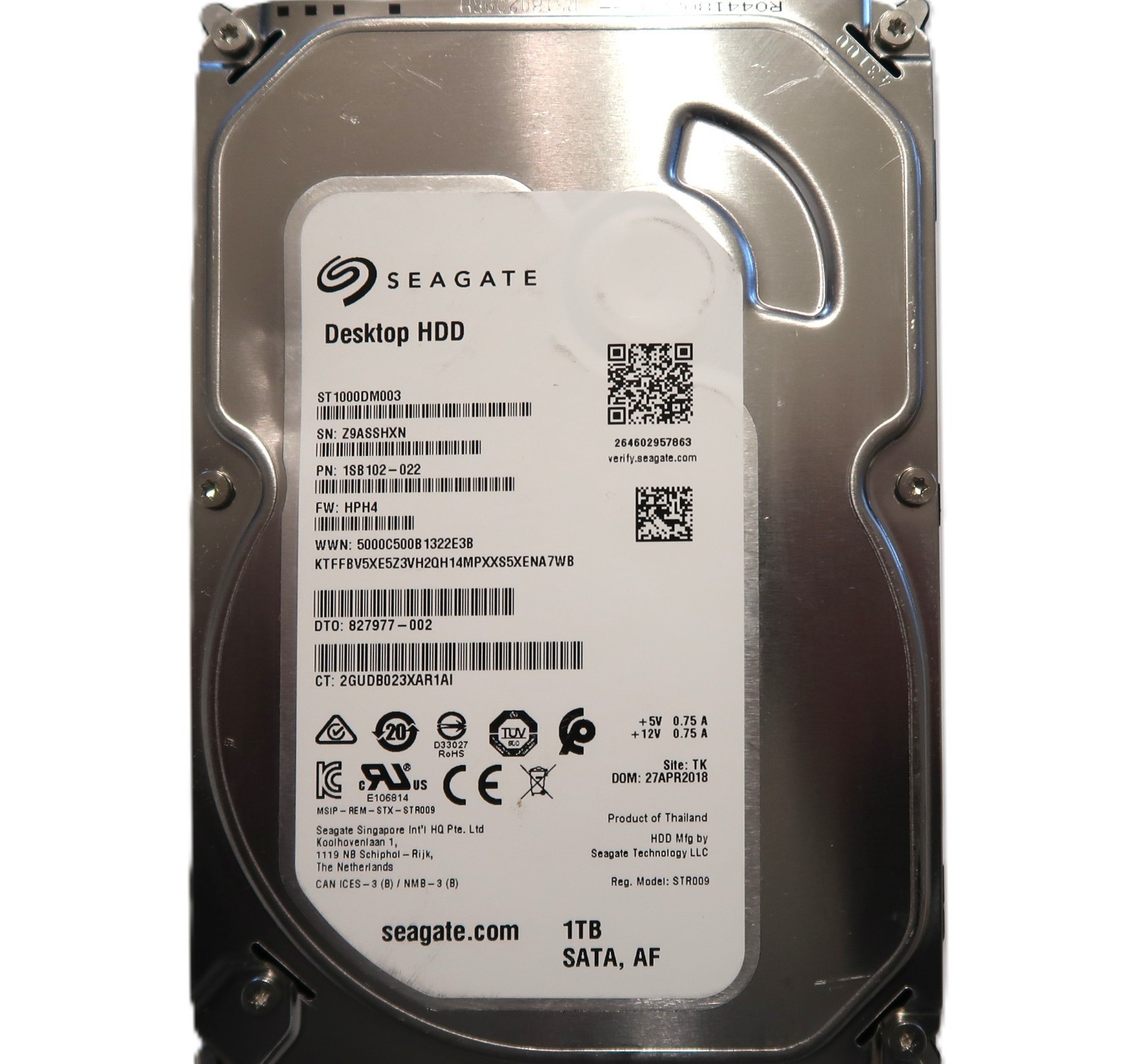 Seagate ST1000DM003 1SB102-022 HPH4 (Z9AS) TK Thailand 3.5" 1TB Sata HDD 04/2018