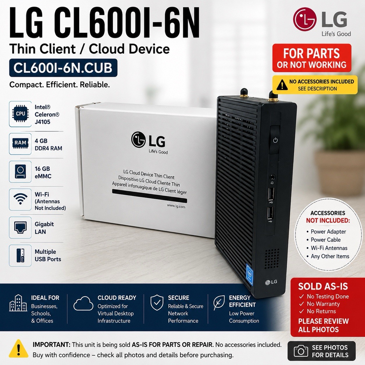 LG CL600I-6N.CUB Thin Client Cloud Device Intel Celeron J4105 FOR PARTS AS-IS
