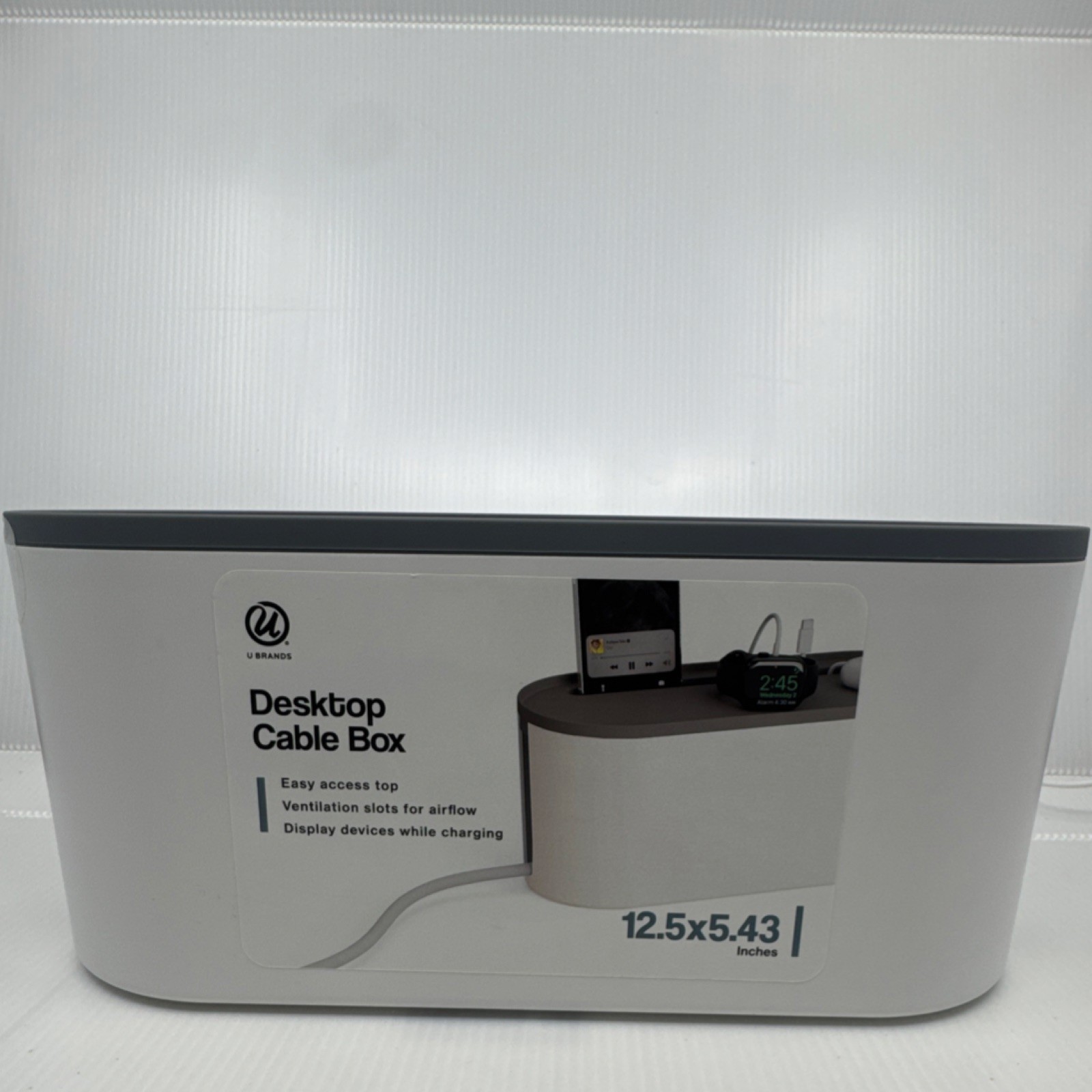 U Brands Cable Box 12.5x5.43 in White Gray Ventilation Slots Easy Access Top