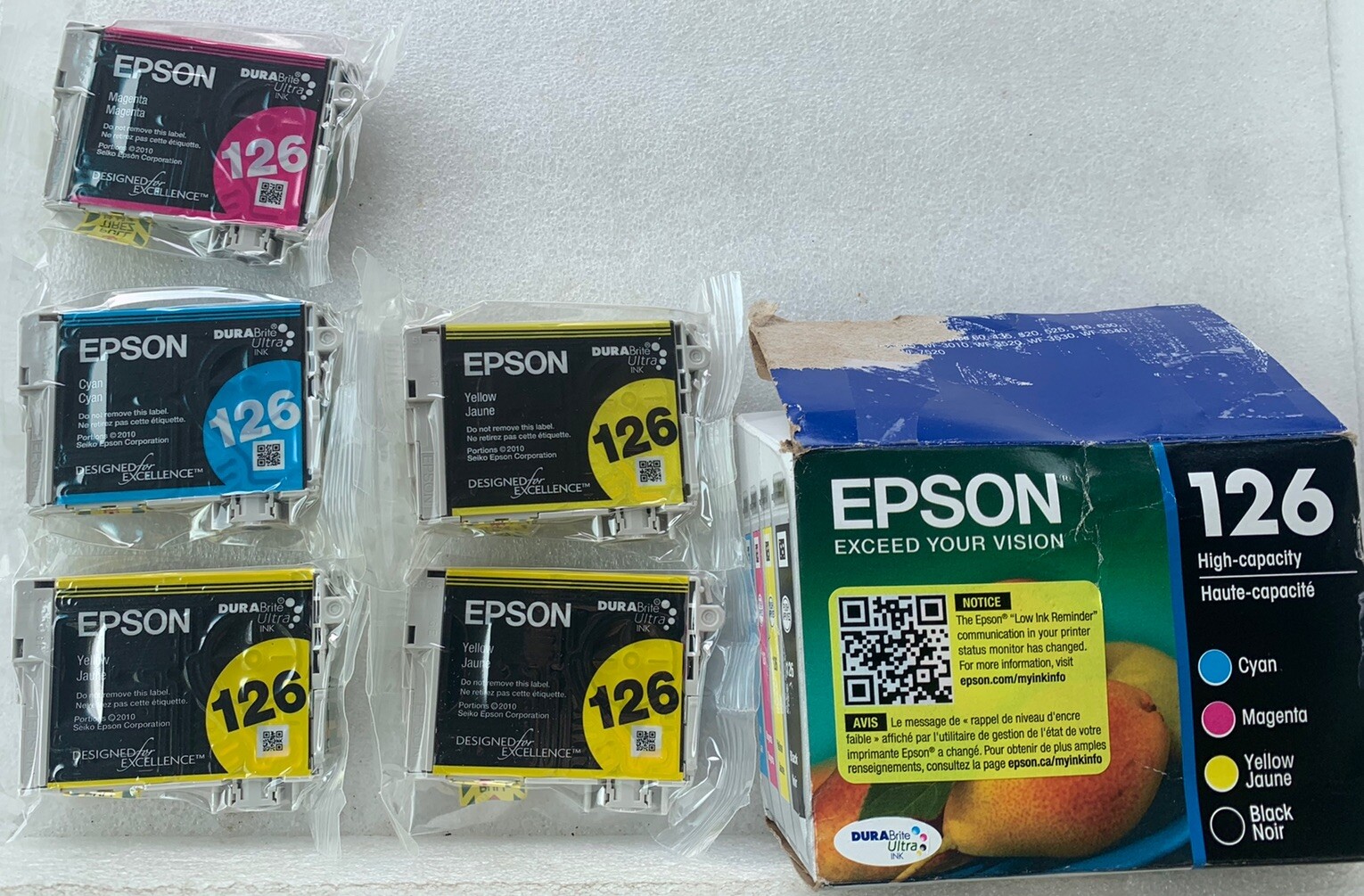 Genuine Epson 126 Color Ink Yellow x3 Magenta x1 Cyan x1 New Sealed