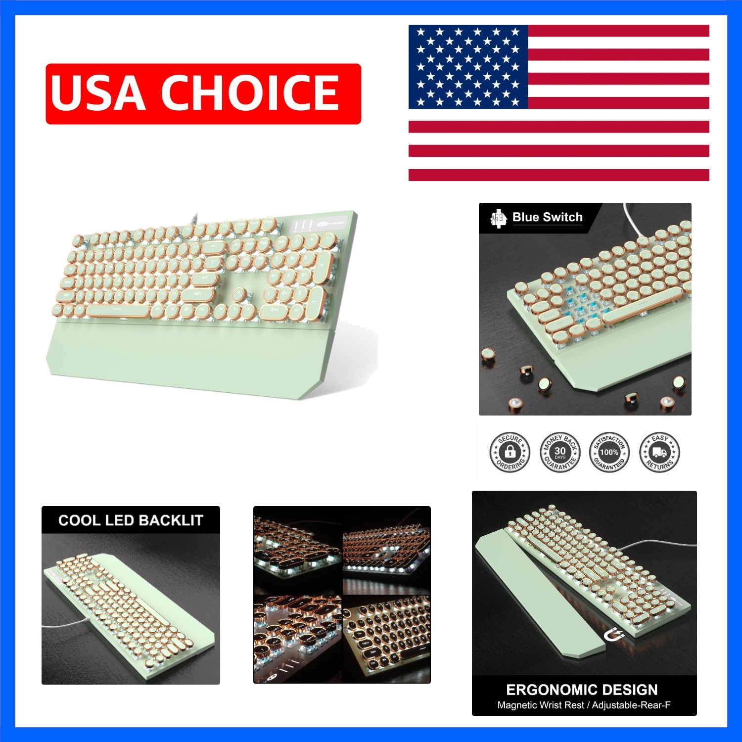 Typewriter Style Mechanical Gaming Keyboard, Green Retro Punk Gaming Keyboard...