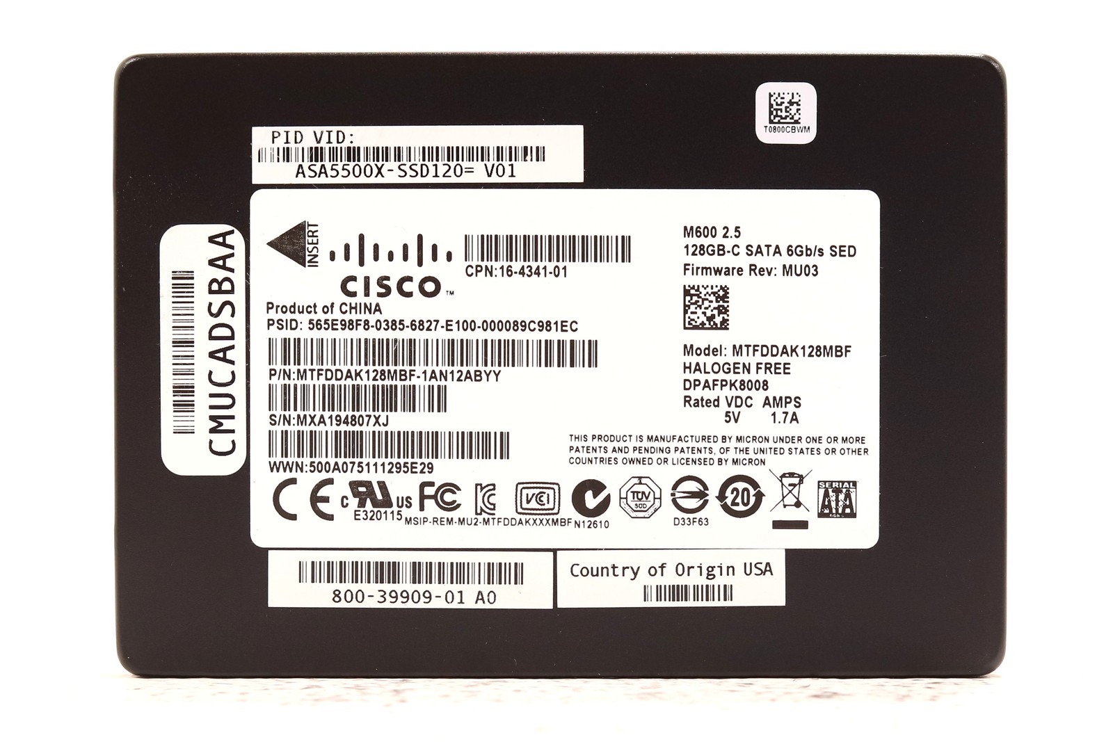Cisco MTFDDAK128MBF M600 128GB 2.5" 6Gb/s SATA SED SSD P/N: 16-4341-01 Tested