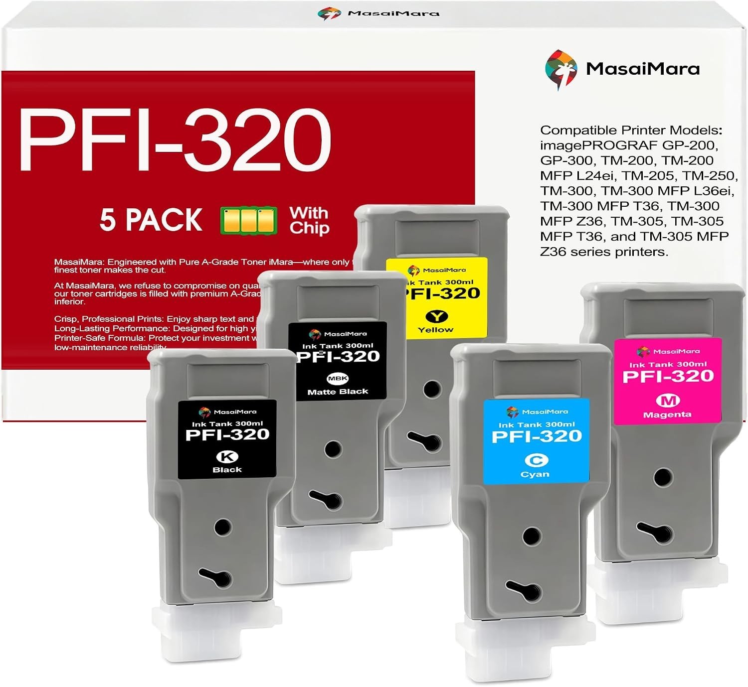 5-Pack Toner Cartridge Black+Matte+Cyan+Magenta+Yellow PFI-320 With Chip BN