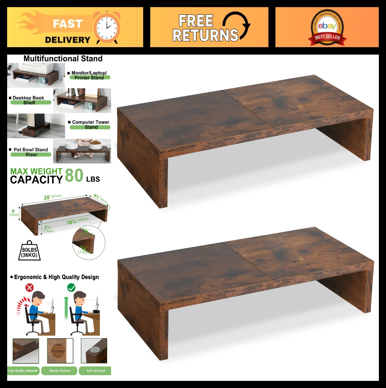 2-Pack Wooden Monitor Stand Riser 20" - Ergonomic Tabletop Shelf for 2 Monitors,