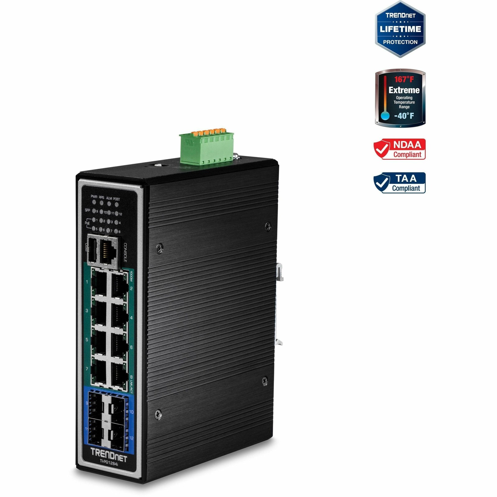 TRENDnet  TI-PG1284i ,12-Port Industrial Gigabit L2 Managed PoE+ DIN-Rail