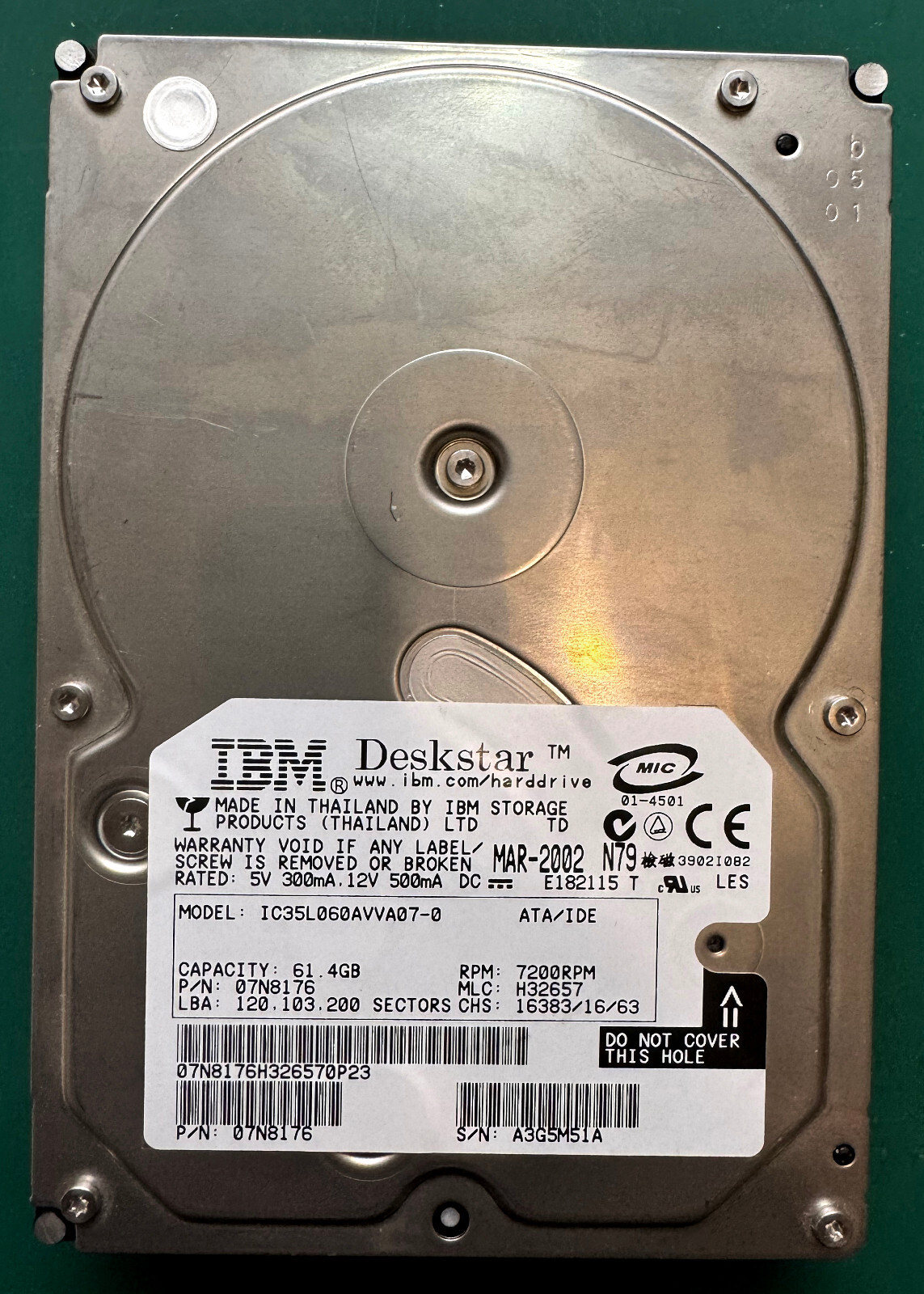 Hard Drive Disk IDE IBM Deskstar IC35L060AVVA07-0 07N9209 61.4GB