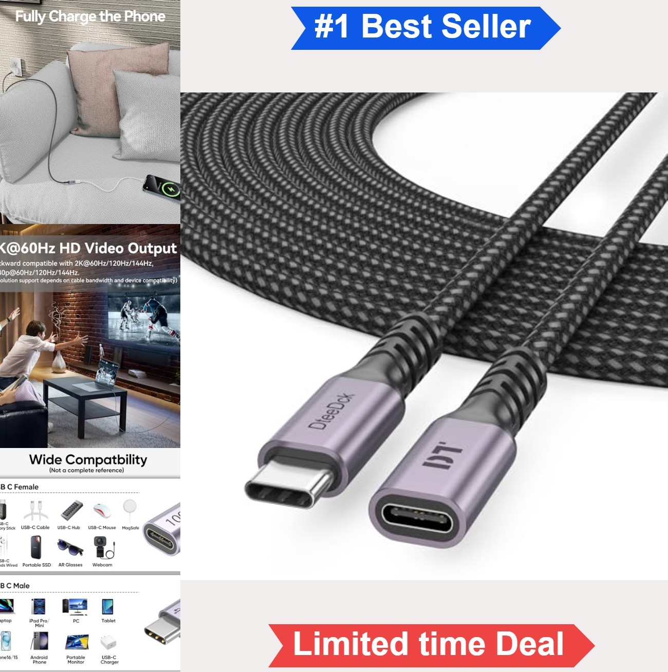USB C Extension Cable 15 ft Male to Female 100W 5Gbps 4K 60Hz Nylon Braided
