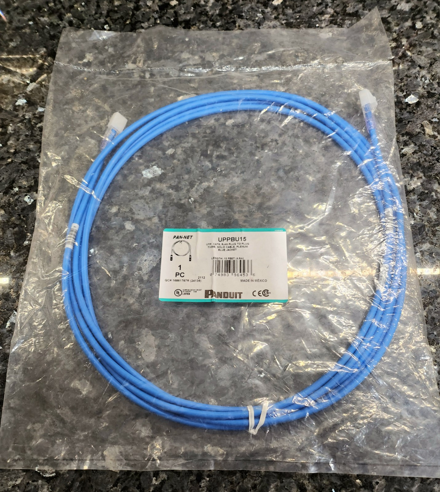 Panduit CAT6, 15' (4.6 m), UTP, RJ45, Plug to Plug, Solid Cable, Blue Jacket