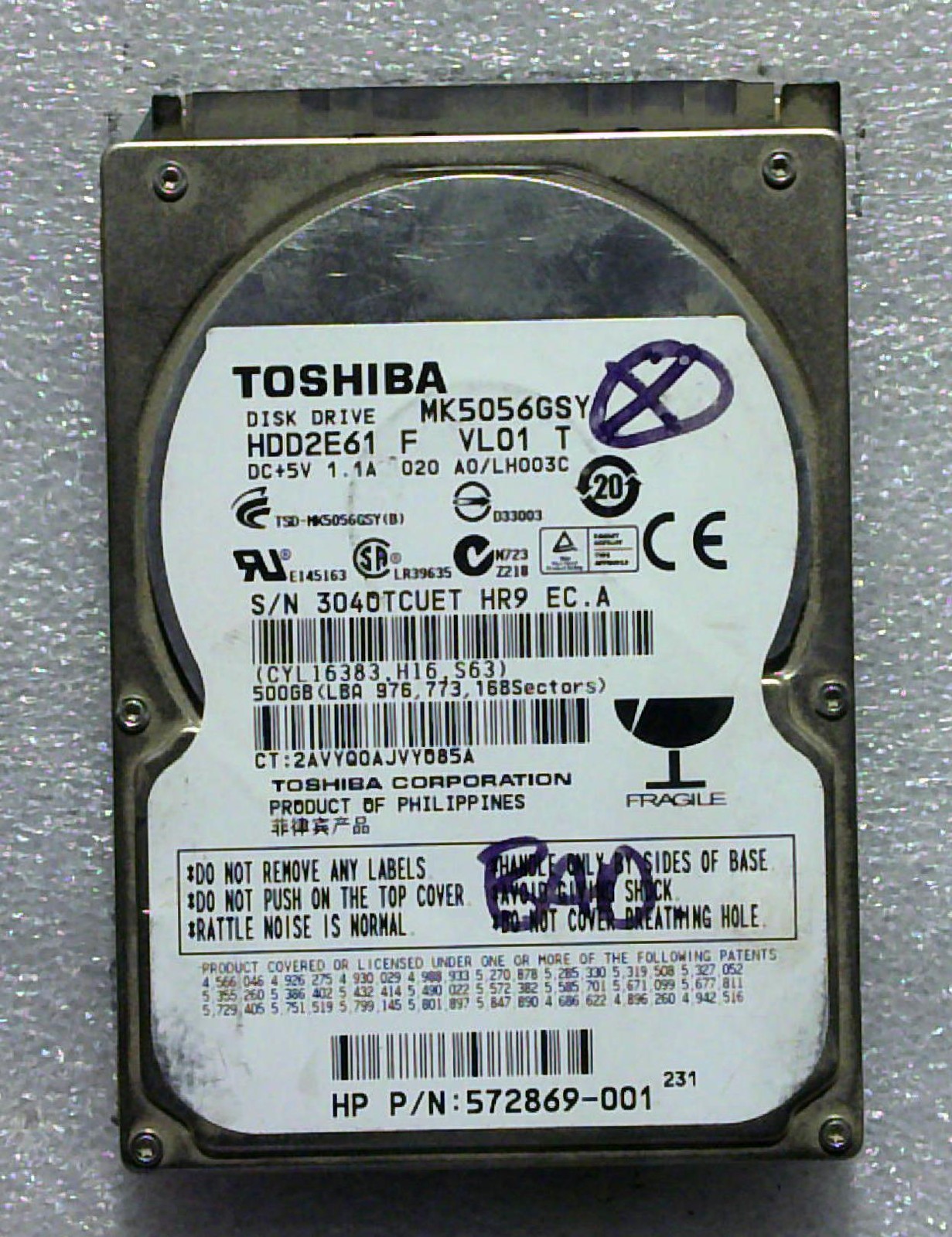Toshiba - MK5056GSY - 500GB - HDD2E61 F VL01 T - SN: 304OTCUETHR9