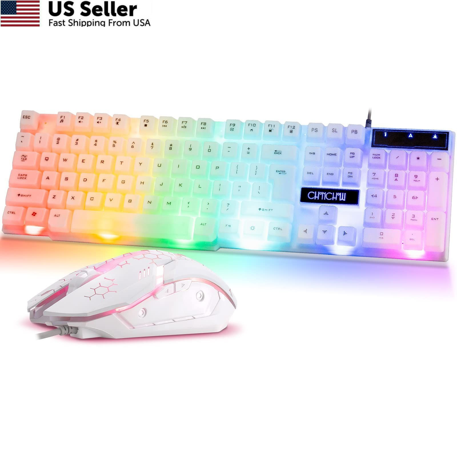 CHONCHOW RGB Gaming Keyboard and Mouse Combo,USB Wired Light Up White 