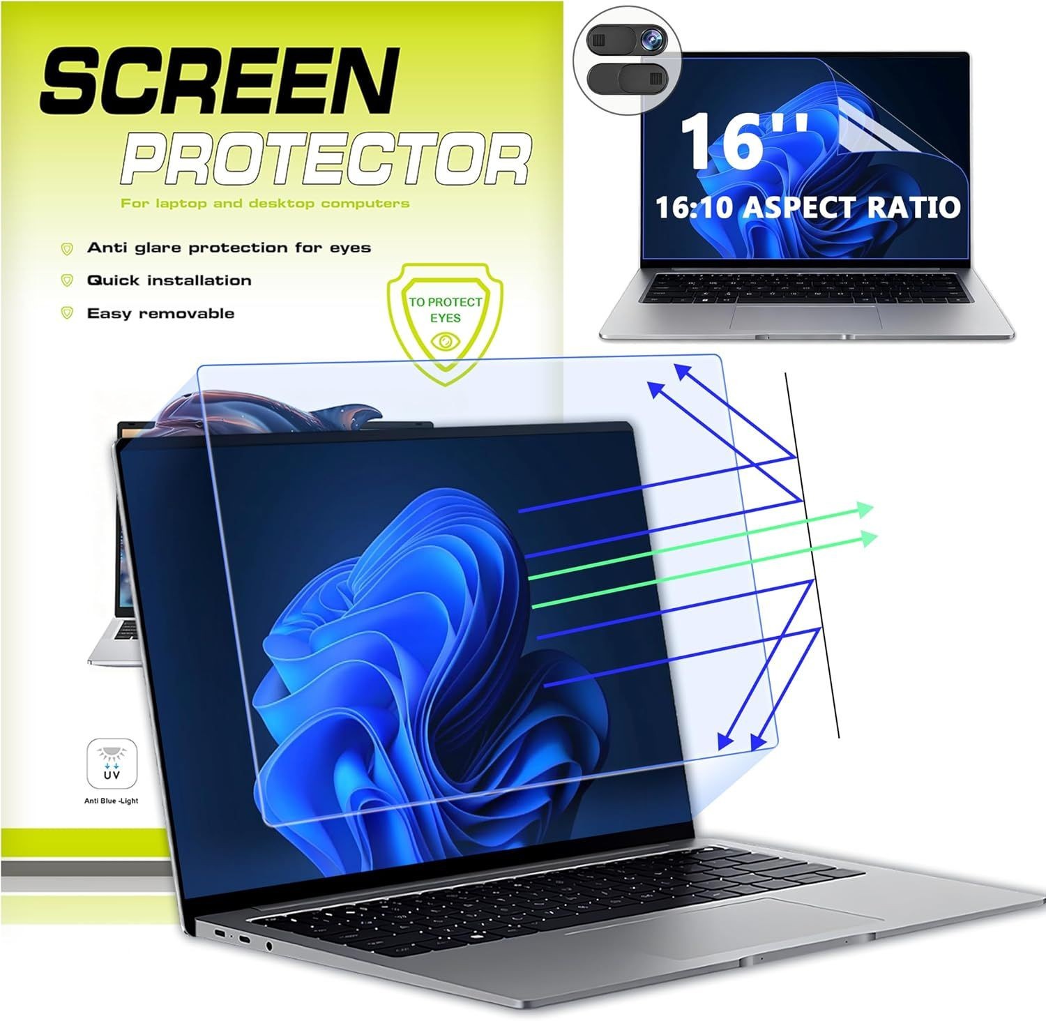 16 Inch Anti-Blue Light Laptop Screen Protector with Webcam Cover for HP/Dell/Ac