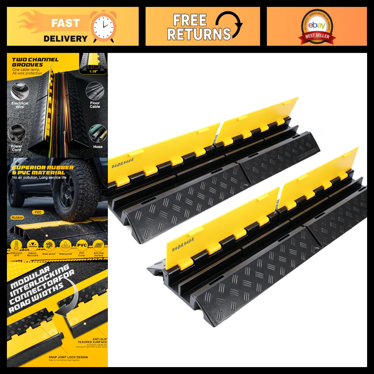 2 Channel Rubber Cable Ramp - Heavy Duty Cord Cover Protector for Driveway, 2200