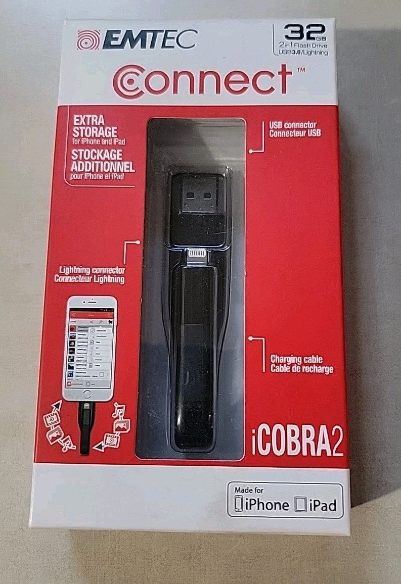 NOS EMTEC iCobra2 Connect 32GB 2in1 Flash Drive USB 3.0 iPhone iPad NEW