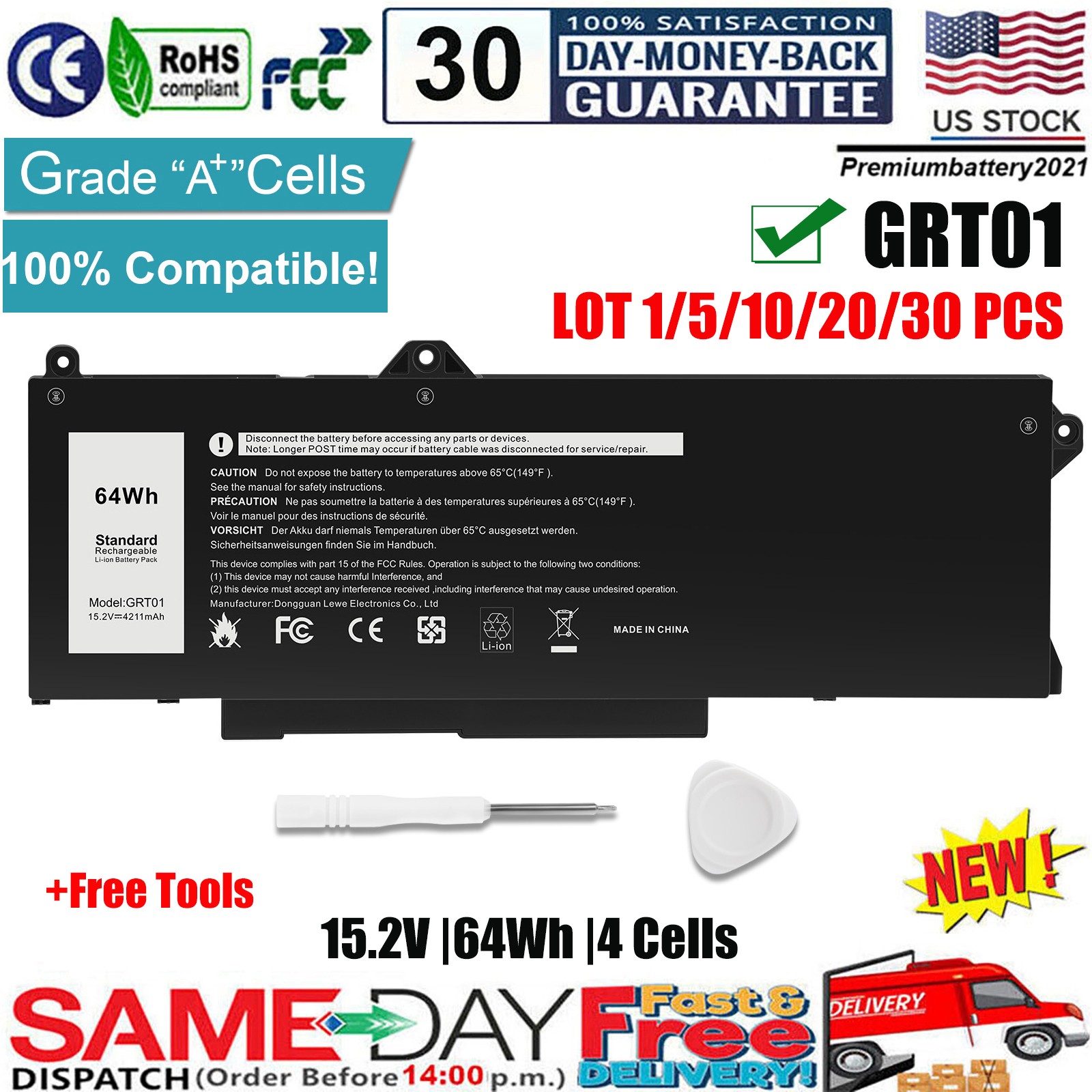 LOT Battery GRT01 For Dell Latitude 15 5521 5531 Precision 3561 3571 3470 M17 R5