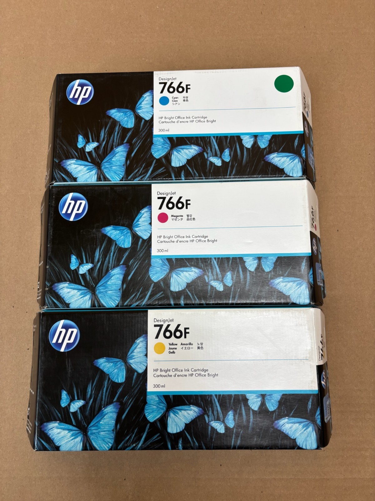 3 Genuine HP 776F DJ3600 CMY Inks 1XB31A,  1XB32A,  1XB33A 300ml (2021-2023)