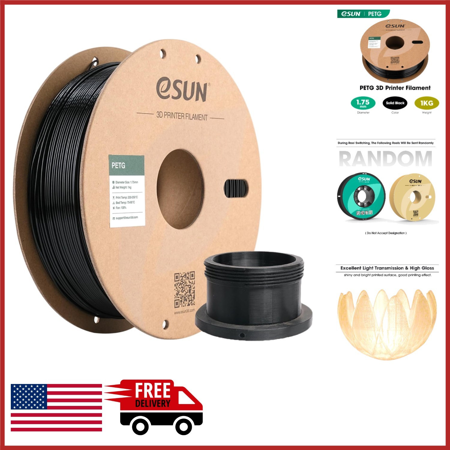 1KG PETG Filament 1.75mm Solid Black for 3D Printers High Toughness