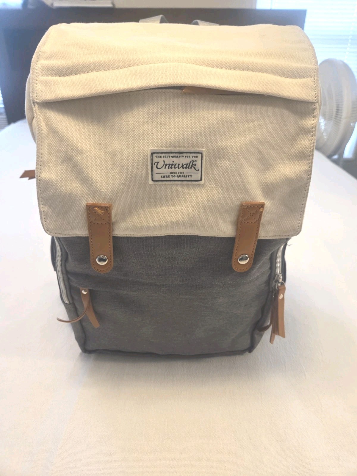 Uniwalk Backpack Grey Nylon Cream Canvas w/iPad Cover 14"x17"x8" School College