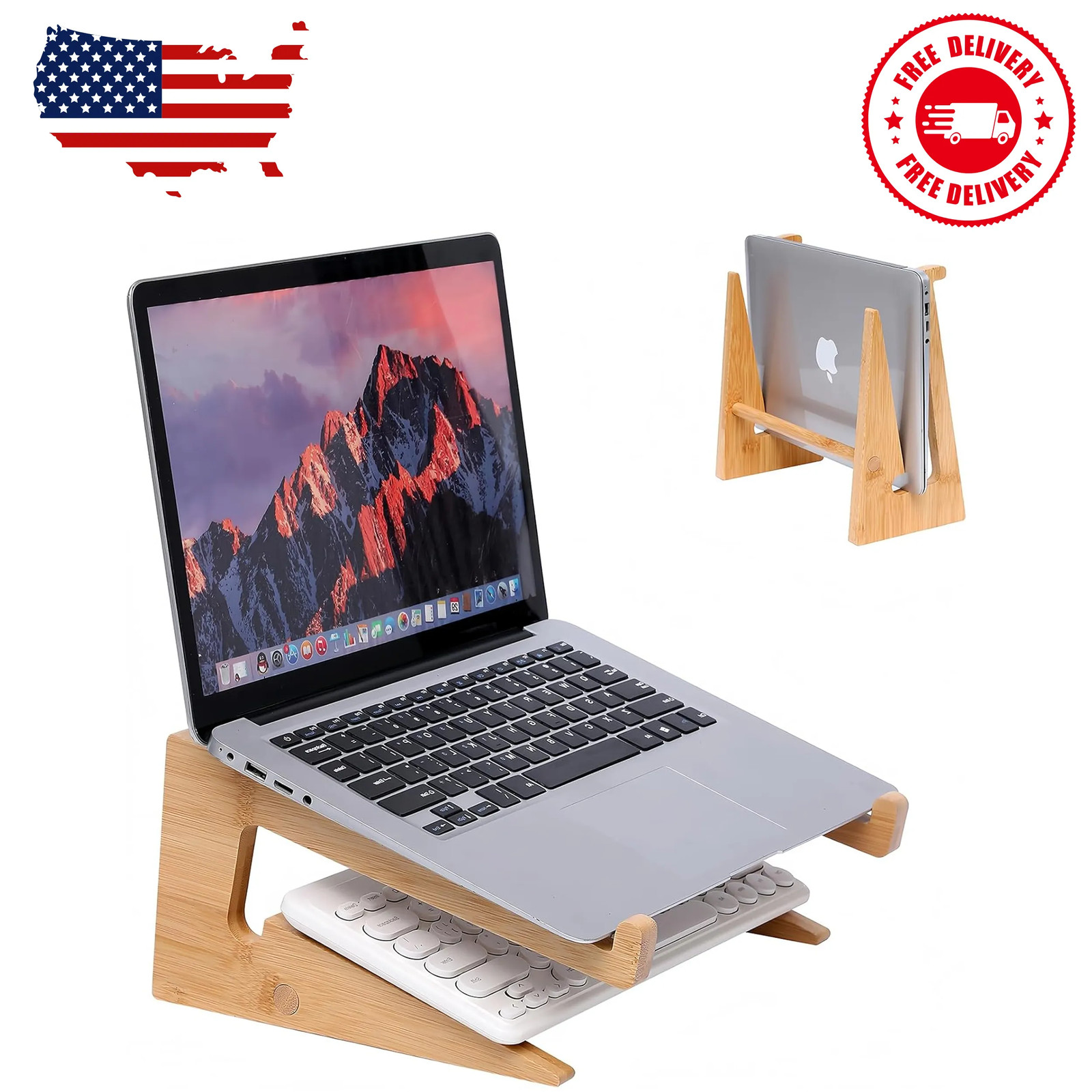 Vertical Bamboo Laptop Stand for 13 to 18.6 Inch Notebooks Desk Organizer