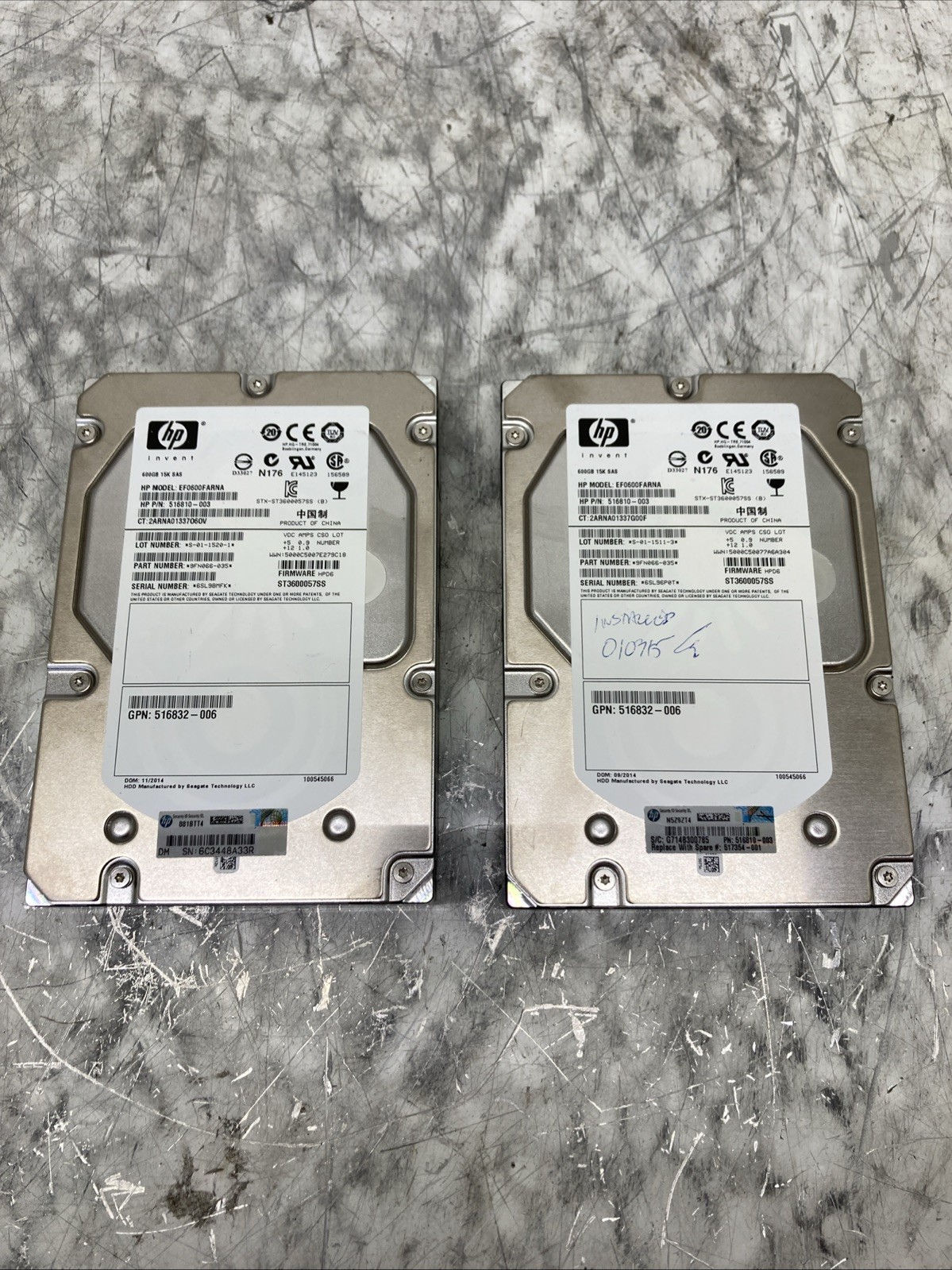 Lot of 2 HP EF0600FARNA 600GB 6G 15K RPM SAS LFF INTERNAL ENTERPRISE HDD