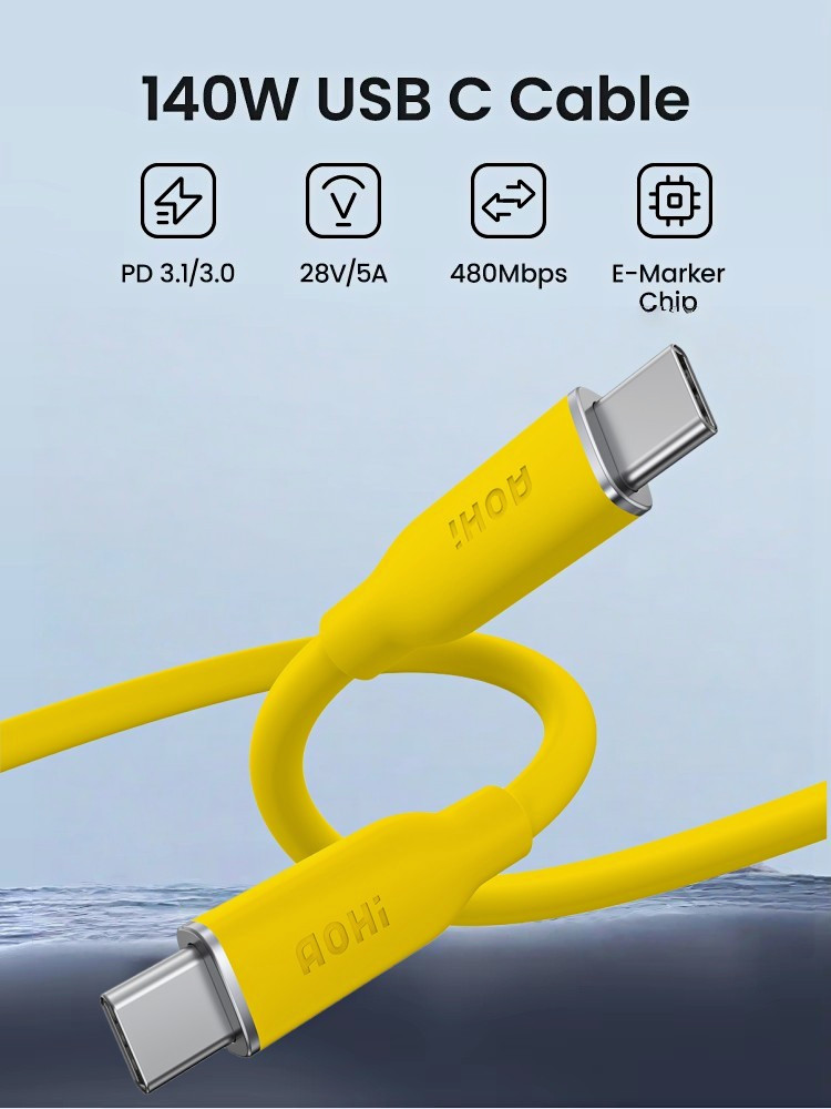 AOHI 140W USB-C to USB-C PD 3.1 Cable 28V/5A 480Mbps E-Marker 1m Yellow