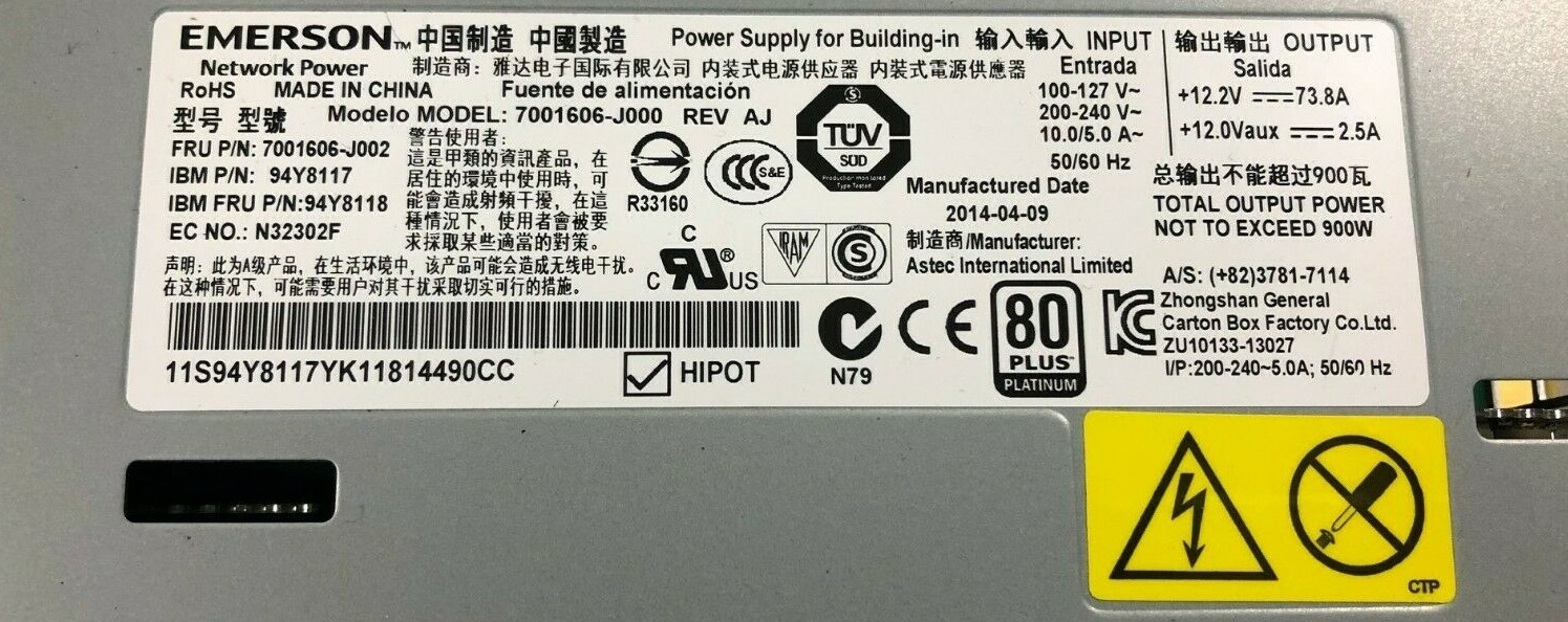 IBM 94Y8118 900 W 80 PLUS POWER SUPPLY X 3650 M4 94Y8117 7001606-J002