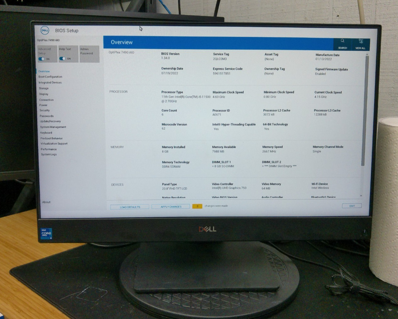 Dell Optiplex 7490 All-in-One 8GB DDR4 Intel i5-11500 - NO SSD/OS